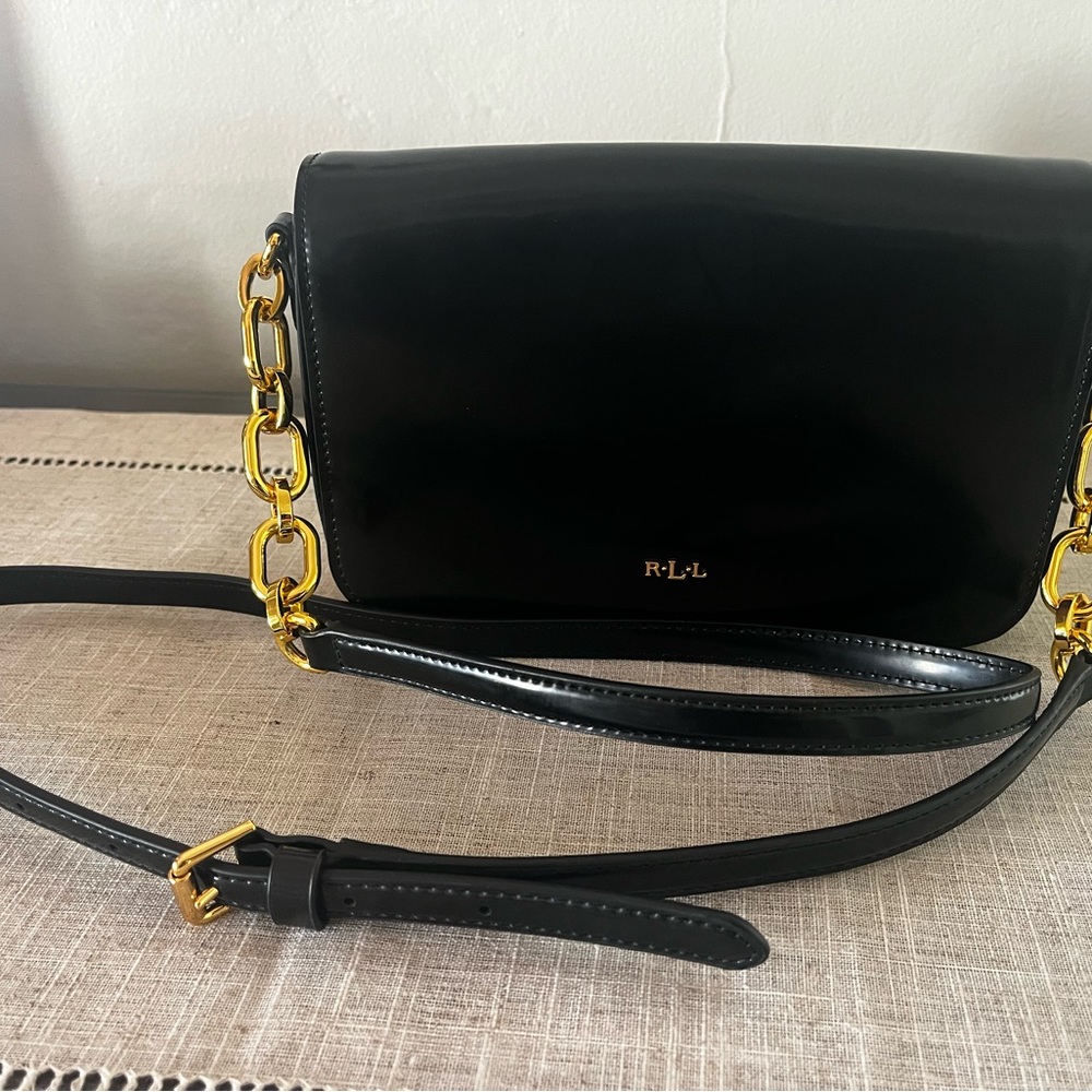 Lauren Ralph Lauren Black Patent Leather Crossbody Bag with Gold Chain